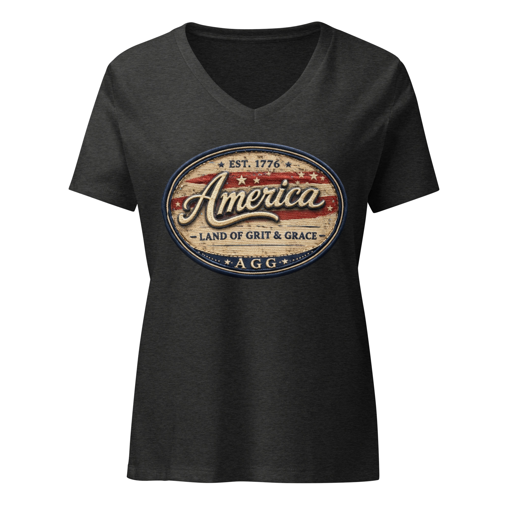 America Heritage – Land of Grit & Grace Women’s Relaxed V-Neck T-Shirt | Patriotic Americana Tee - Image 10