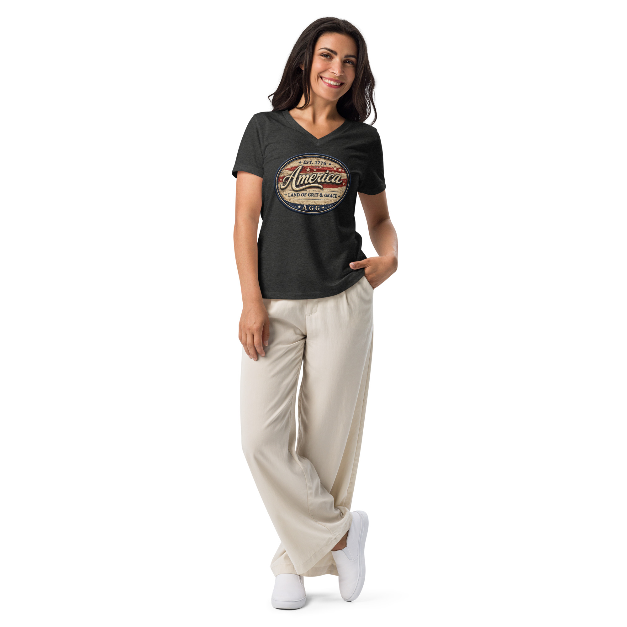 America Heritage – Land of Grit & Grace Women’s Relaxed V-Neck T-Shirt | Patriotic Americana Tee - Image 19