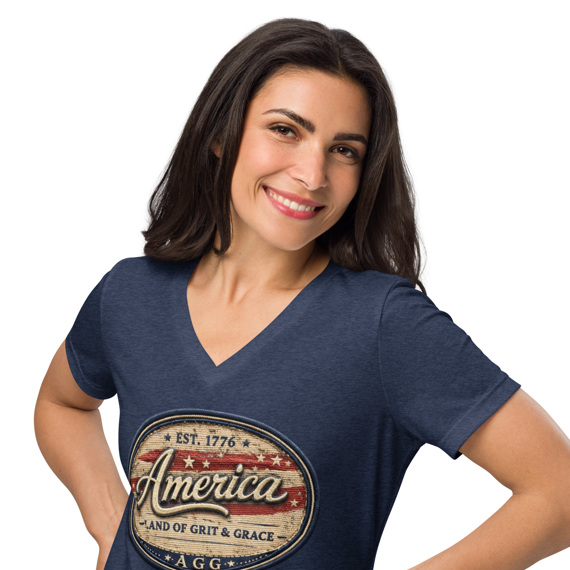 America Heritage – Land of Grit & Grace Women’s Relaxed V-Neck T-Shirt | Patriotic Americana Tee - Image 15