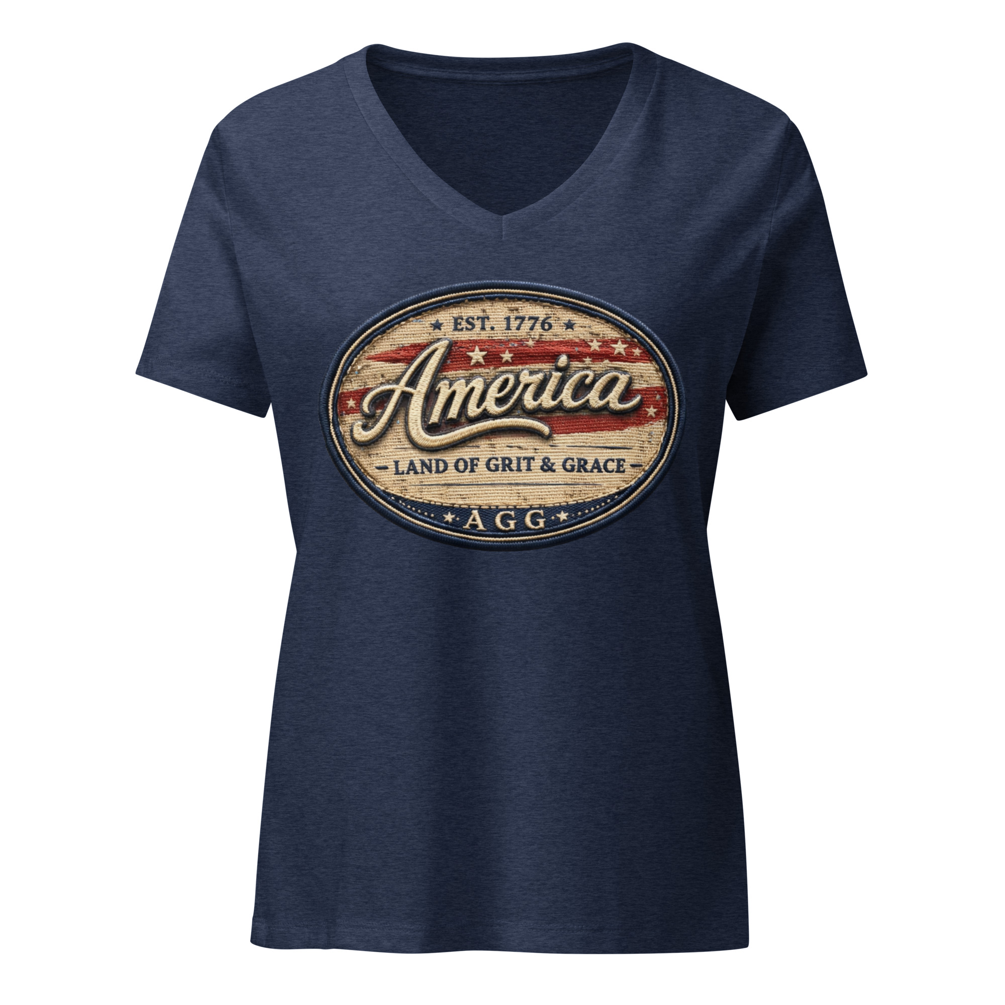 America Heritage – Land of Grit & Grace Women’s Relaxed V-Neck T-Shirt | Patriotic Americana Tee - Image 9
