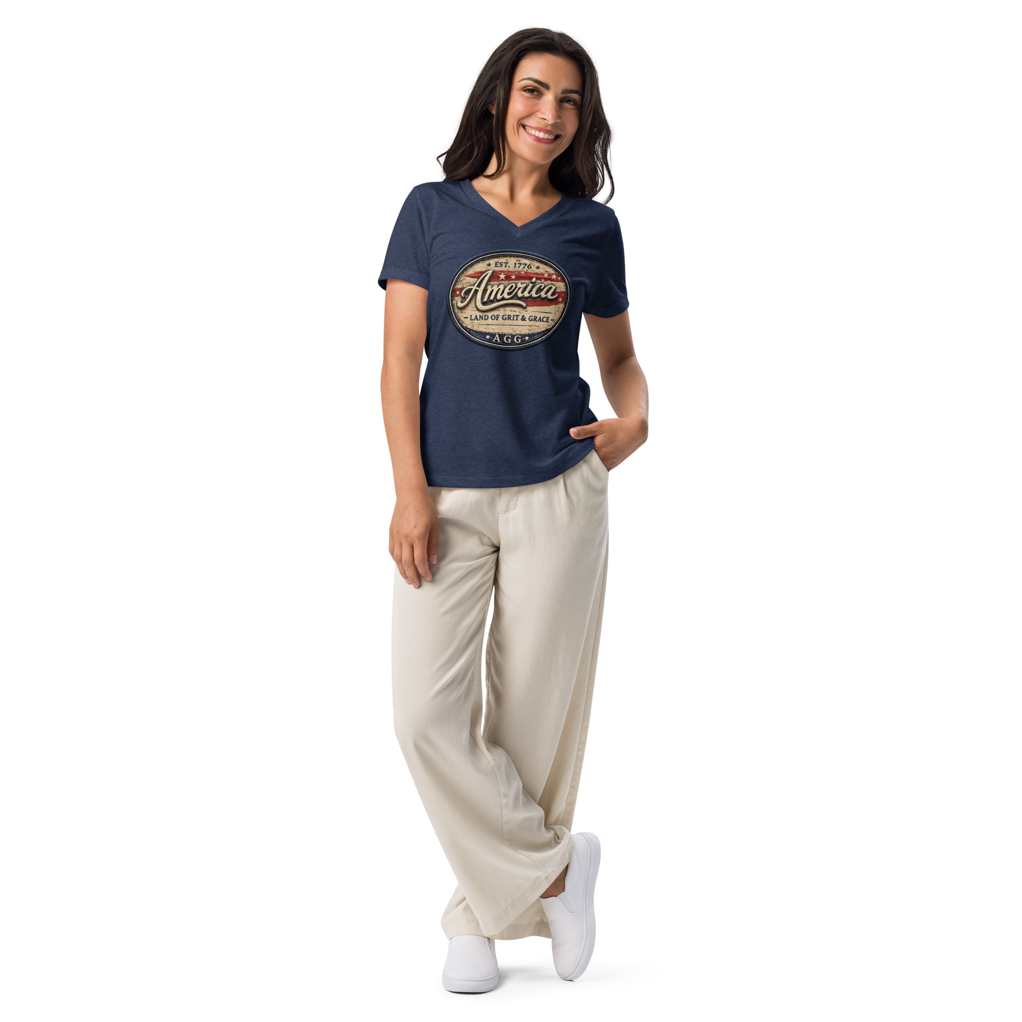 America Heritage – Land of Grit & Grace Women’s Relaxed V-Neck T-Shirt | Patriotic Americana Tee - Image 18