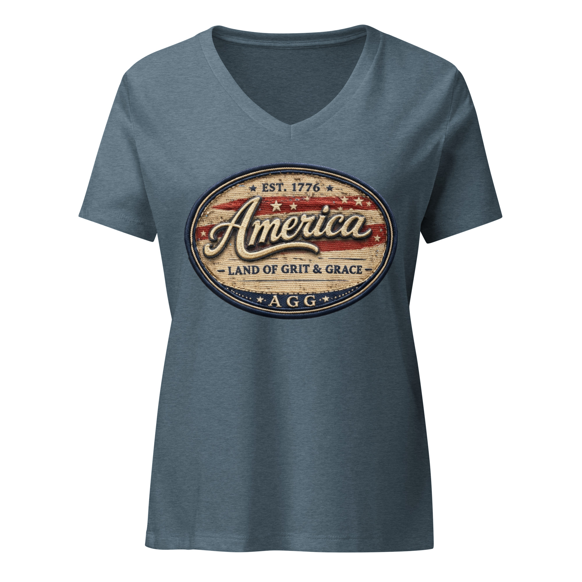 America Heritage – Land of Grit & Grace Women’s Relaxed V-Neck T-Shirt | Patriotic Americana Tee - Image 11