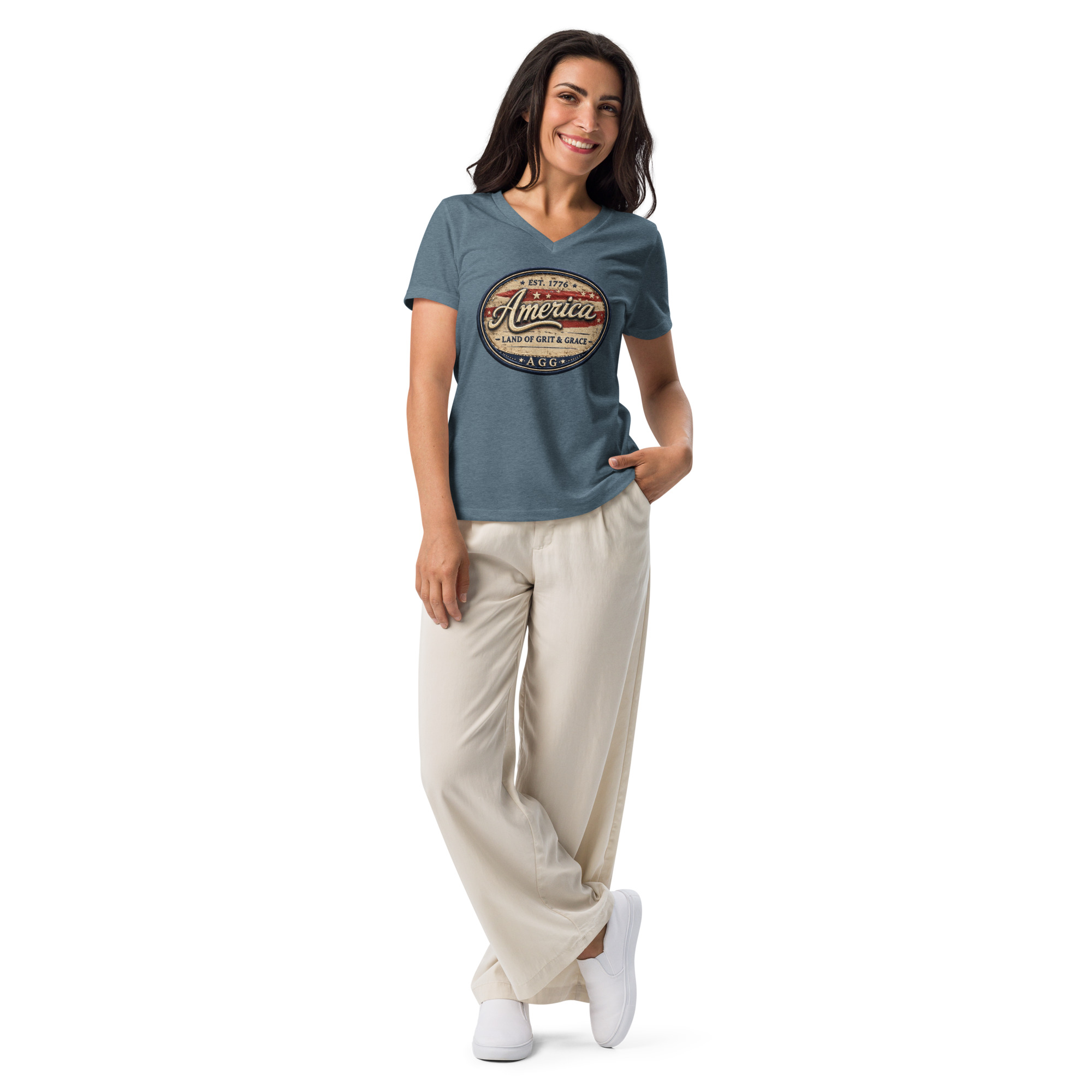 America Heritage – Land of Grit & Grace Women’s Relaxed V-Neck T-Shirt | Patriotic Americana Tee - Image 20