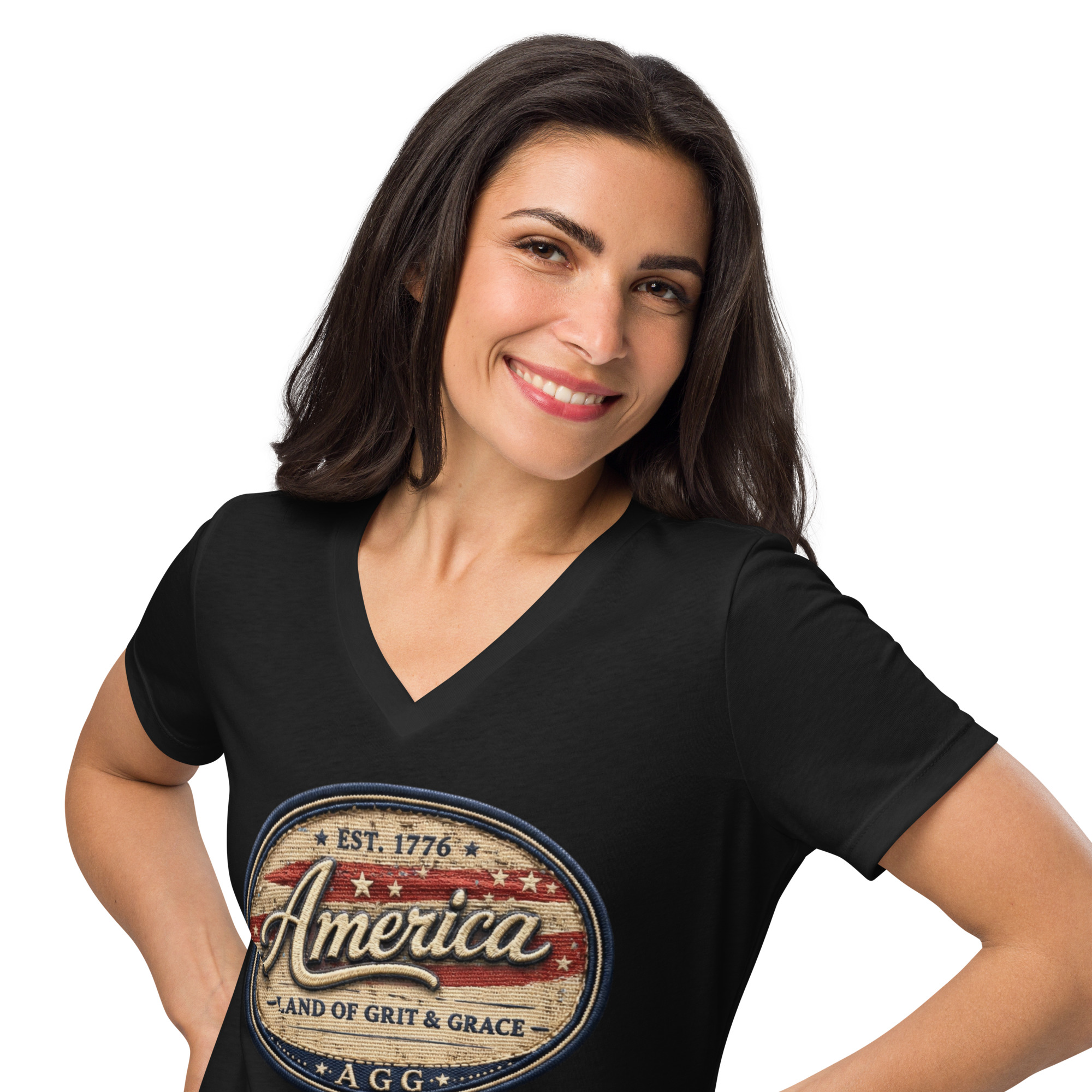 America Heritage – Land of Grit & Grace Women’s Relaxed V-Neck T-Shirt | Patriotic Americana Tee - Image 16