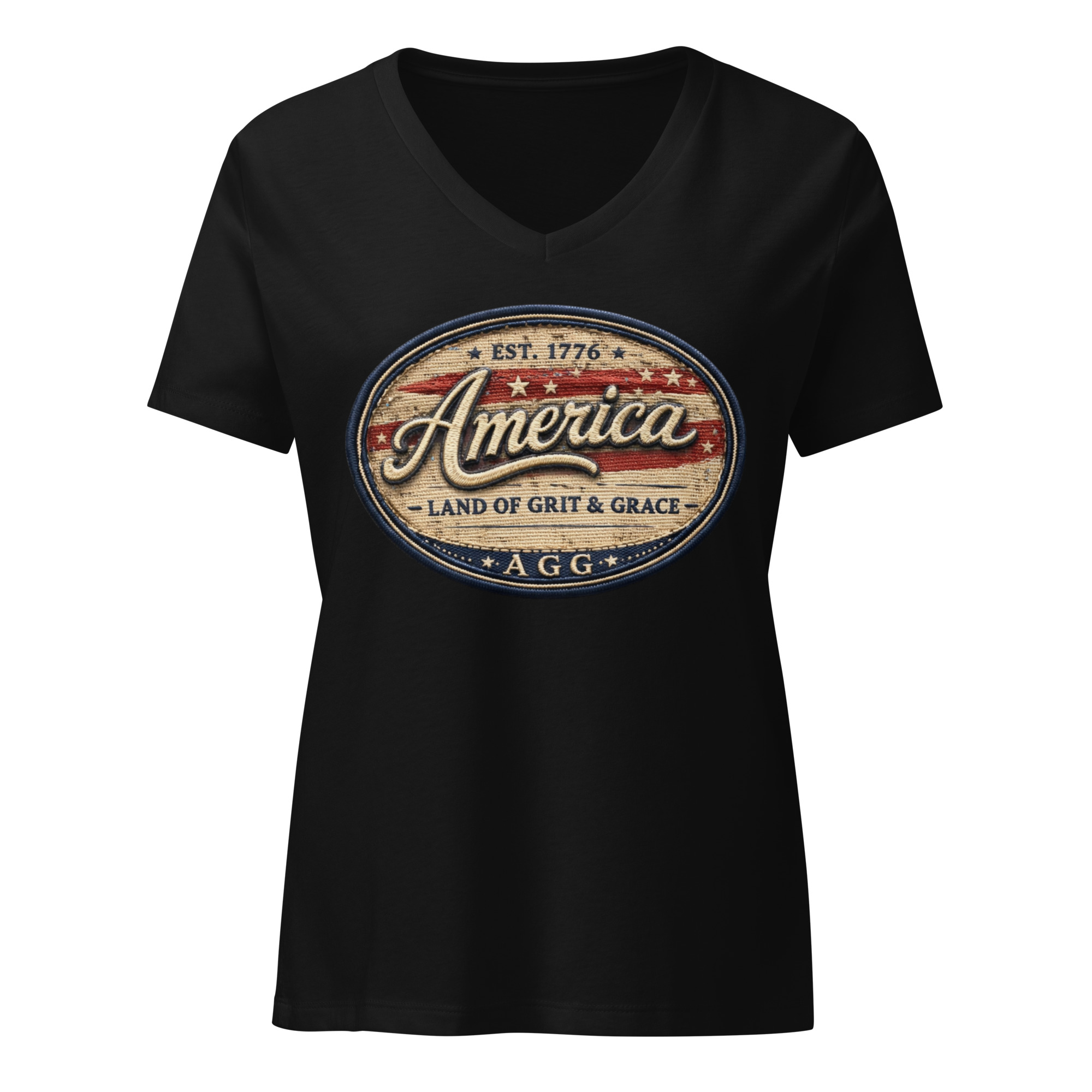 America Heritage – Land of Grit & Grace Women’s Relaxed V-Neck T-Shirt | Patriotic Americana Tee - Image 8