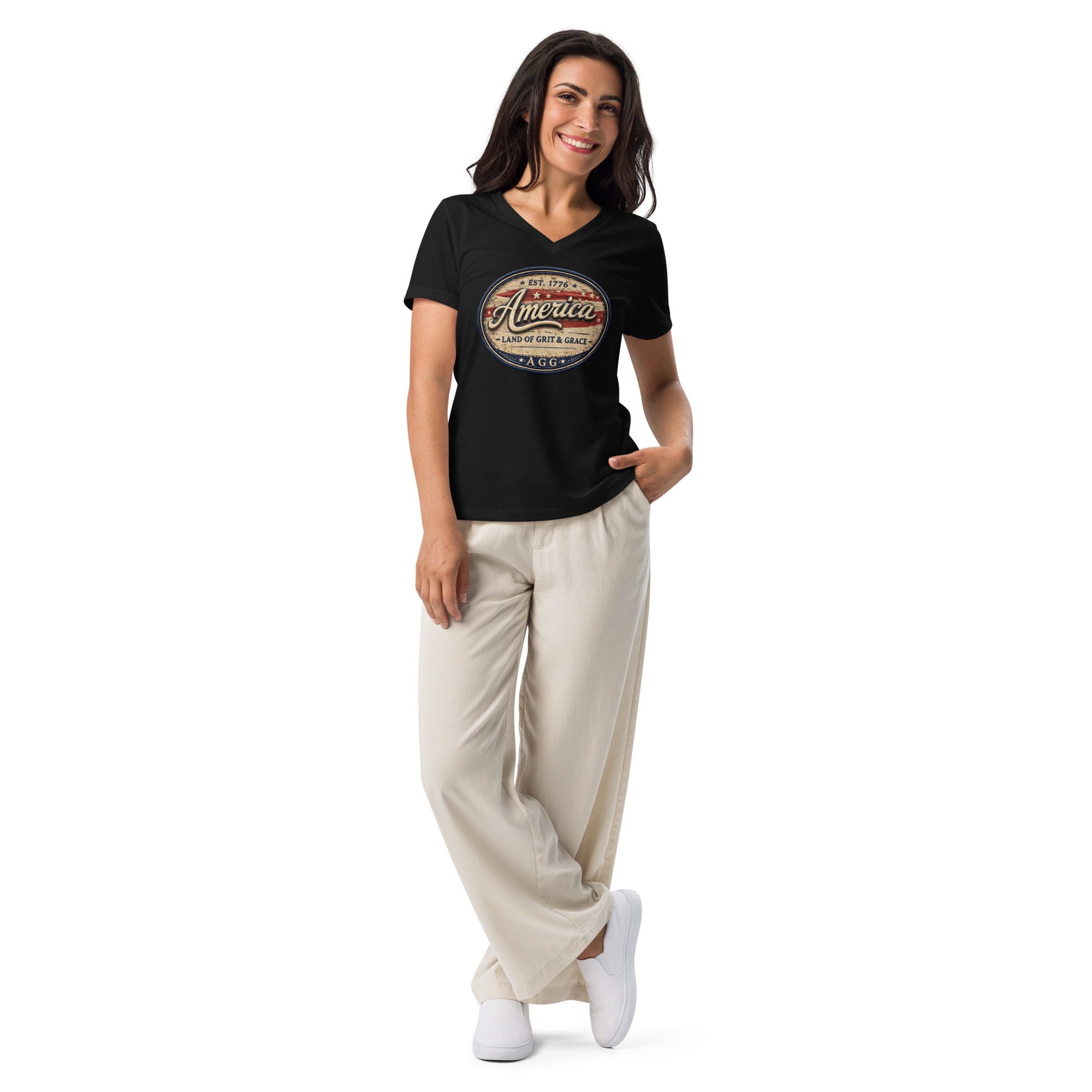 America Heritage – Land of Grit & Grace Women’s Relaxed V-Neck T-Shirt | Patriotic Americana Tee - Image 17