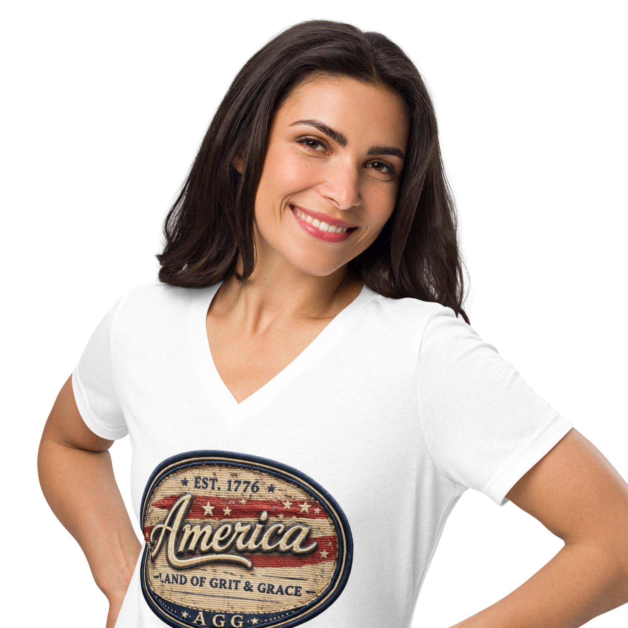 America Heritage – Land of Grit & Grace Women’s Relaxed V-Neck T-Shirt | Patriotic Americana Tee - Image 13