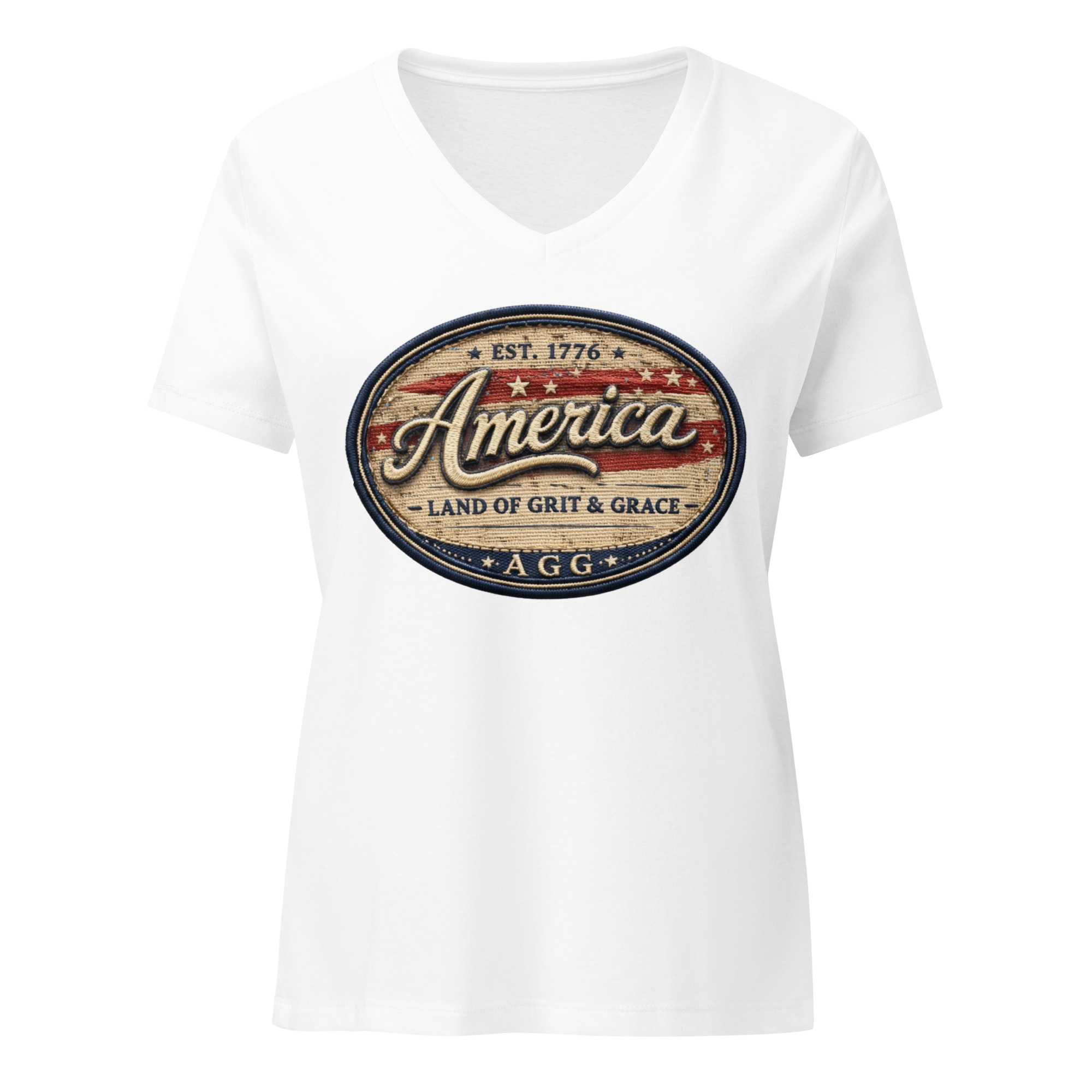 America Heritage – Land of Grit & Grace Women’s Relaxed V-Neck T-Shirt | Patriotic Americana Tee - Image 12