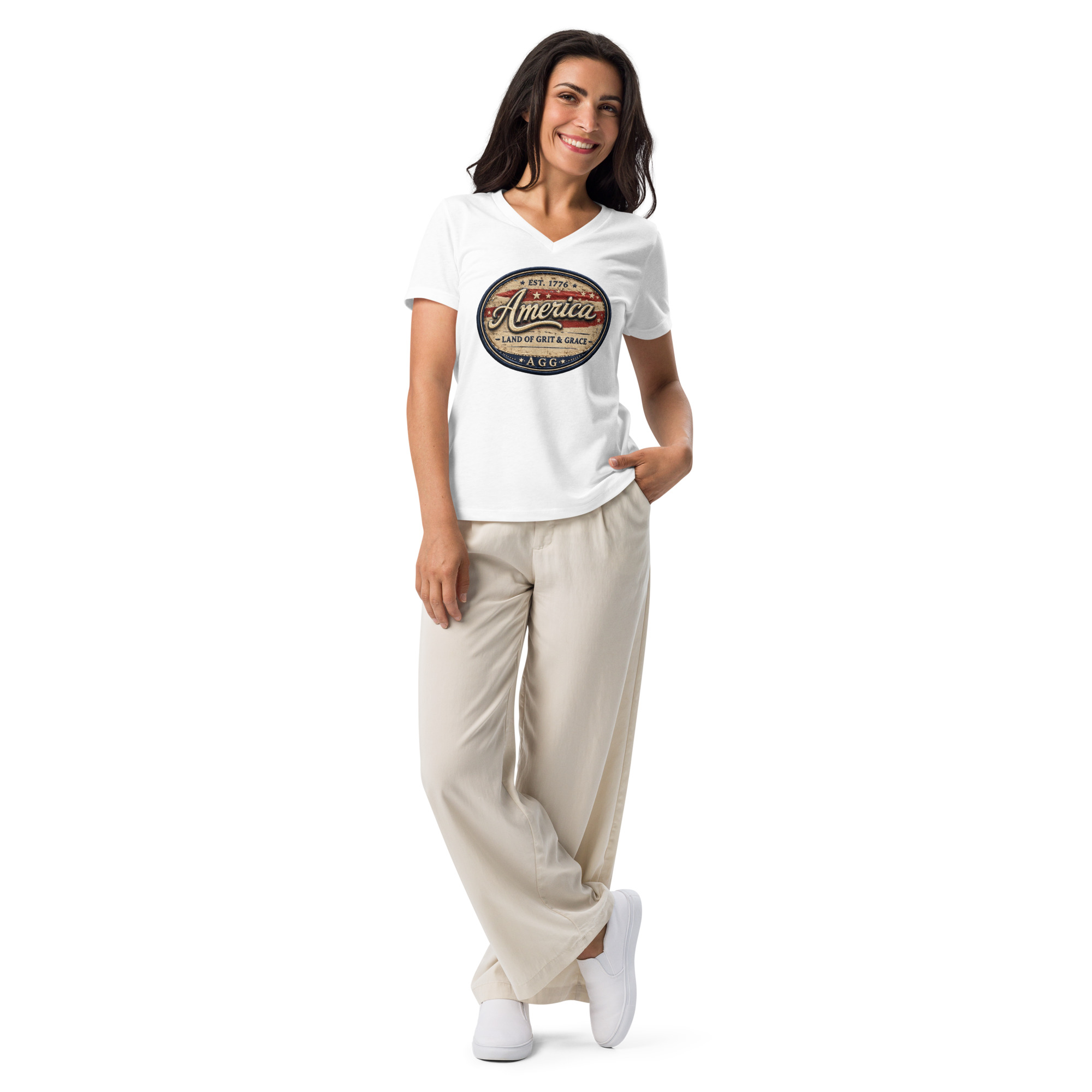 America Heritage – Land of Grit & Grace Women’s Relaxed V-Neck T-Shirt | Patriotic Americana Tee - Image 21