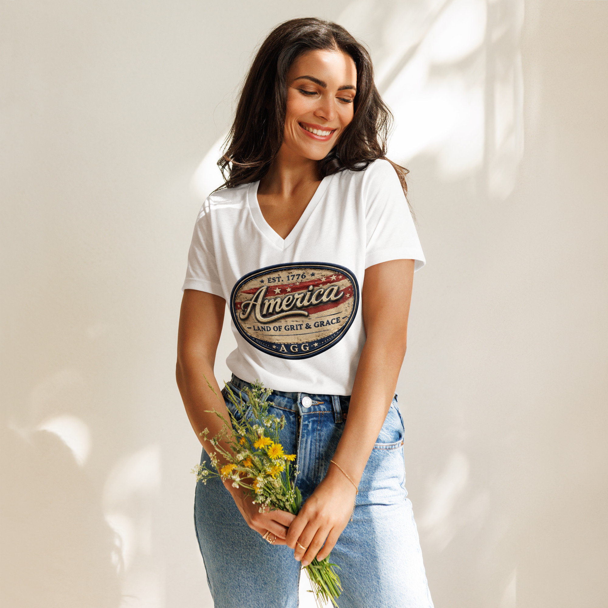 America Heritage – Land of Grit & Grace Women’s Relaxed V-Neck T-Shirt | Patriotic Americana Tee - Image 22