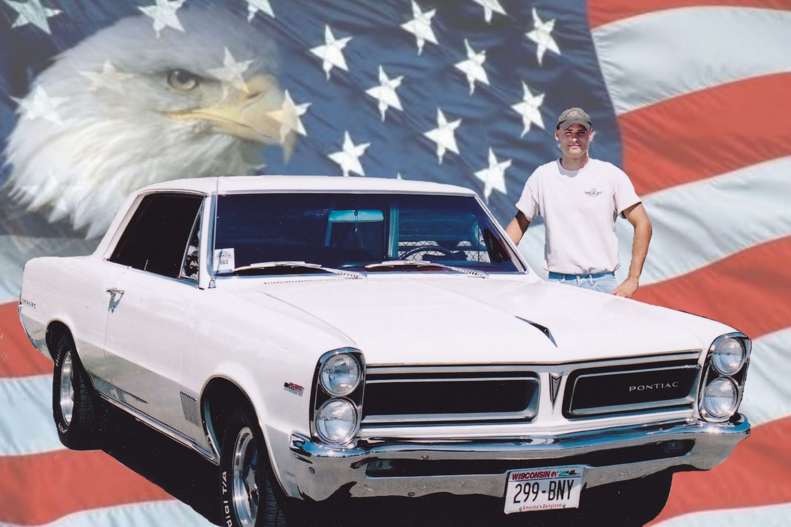 Classic car and American flag memory image