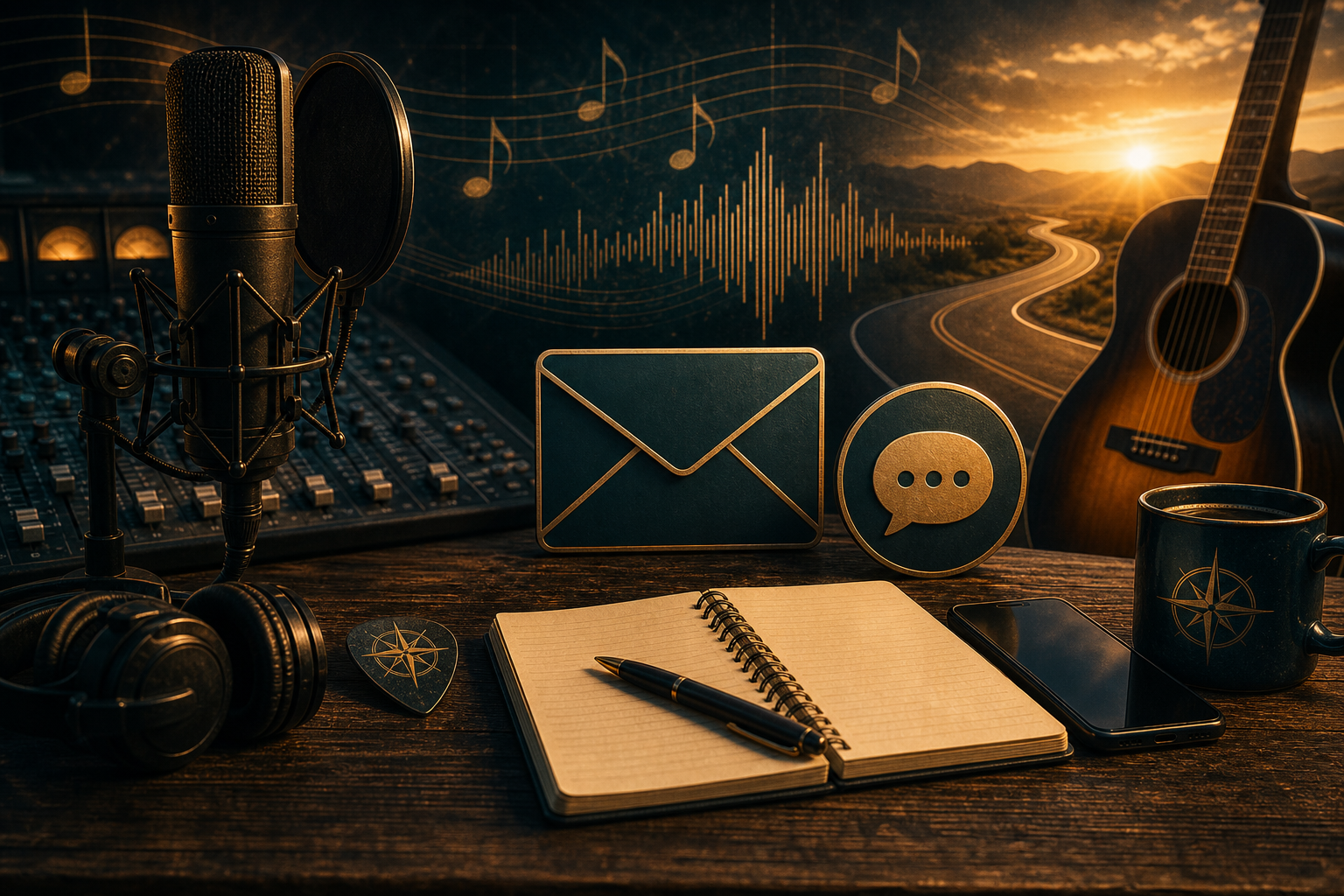 Contact card with microphone, envelope, message icon, guitar, and sunset road