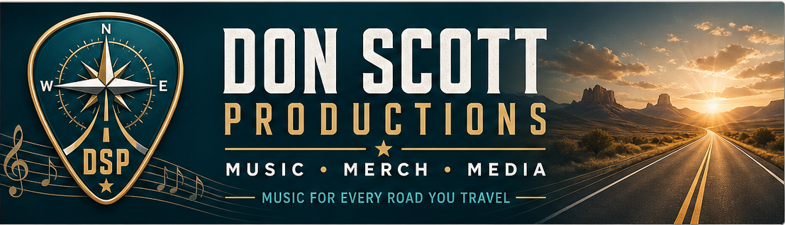Don Scott Productions banner with compass-pick mark and road sunset